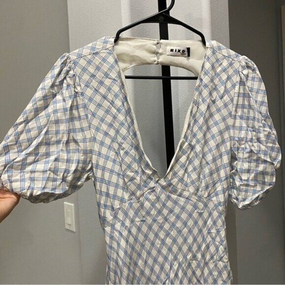 RIXO Steph Check Dress Open Tie Back Maxi Gingham Blue White Size Medium 8 - Picture 3 of 11